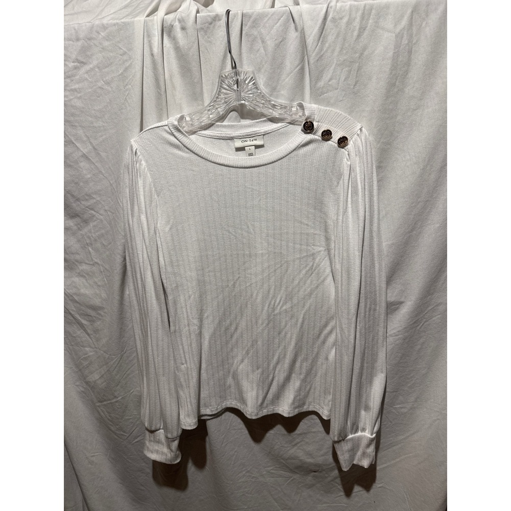 On-34th Womens White Ribbed Long Sleeve Button Shoulder Top Size L